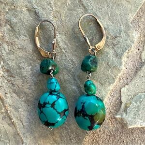 VTG Sterling Silver Genuine Turquoise Dangle Leverback Earrings